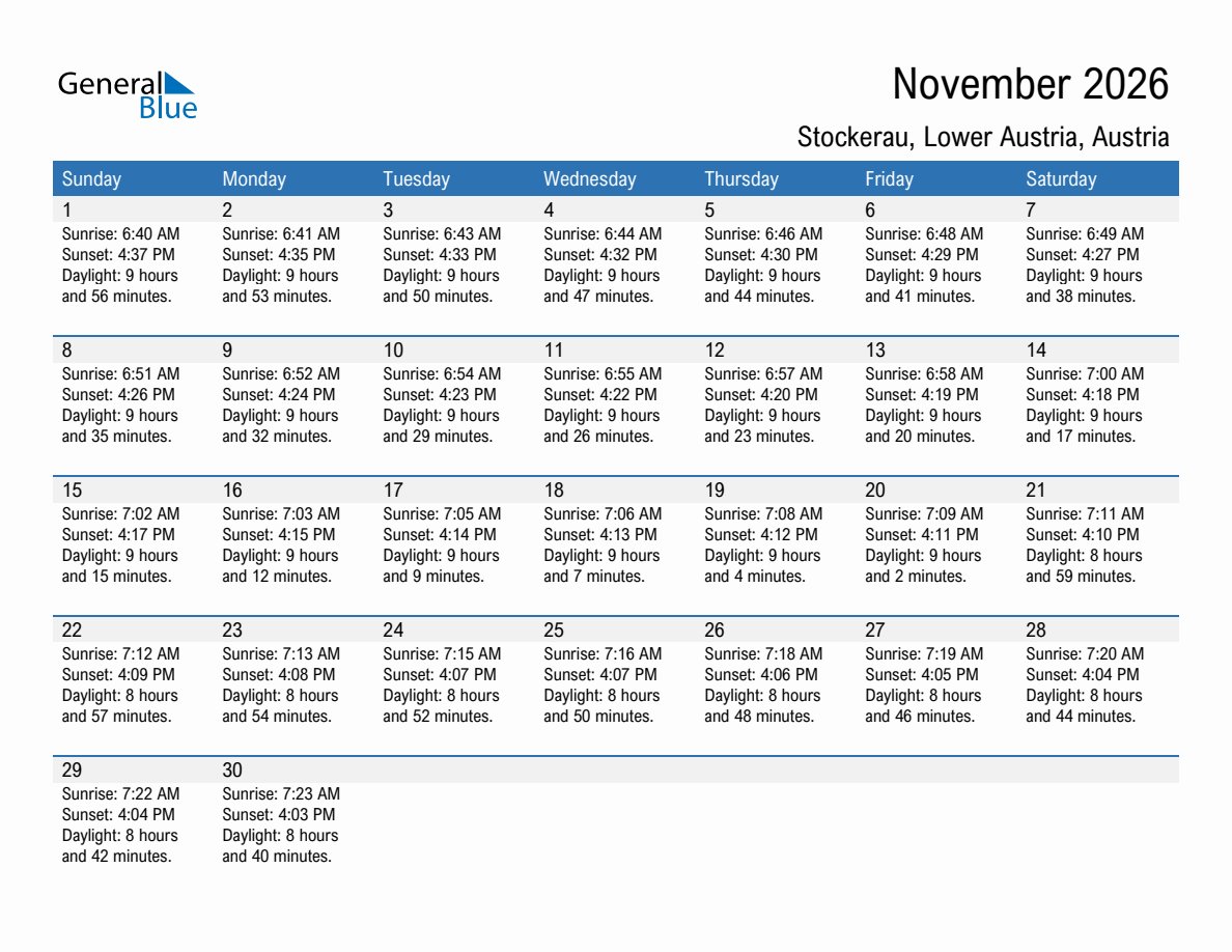 November 2026 sunrise and sunset calendar for Stockerau