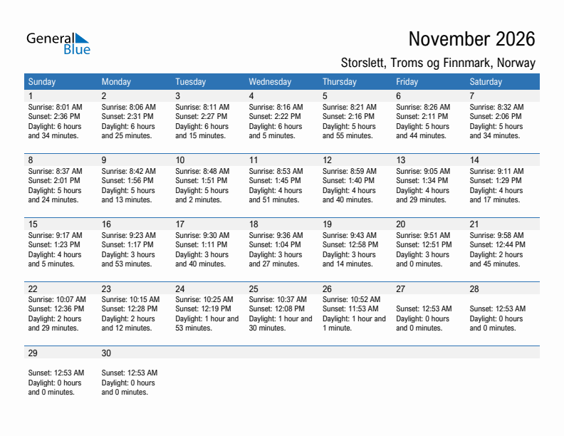 Storslett November 2026 sunrise and sunset calendar in PDF, Excel, and Word