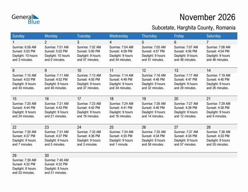 Subcetate November 2026 sunrise and sunset calendar in PDF, Excel, and Word
