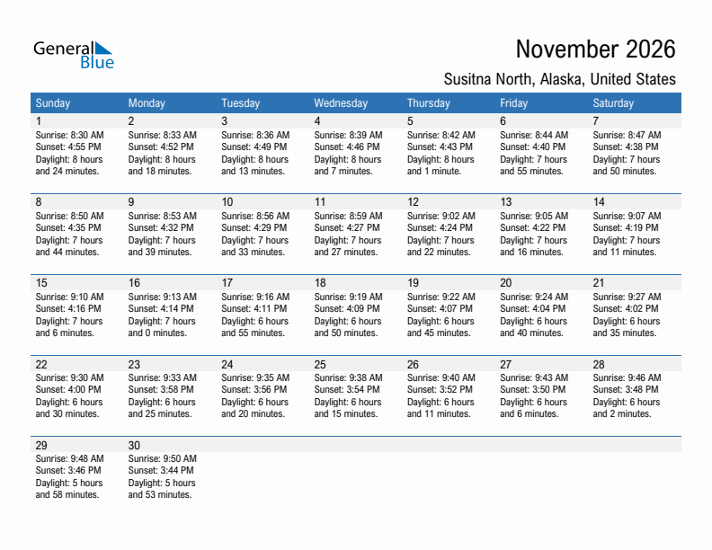 Susitna North November 2026 sunrise and sunset calendar in PDF, Excel, and Word