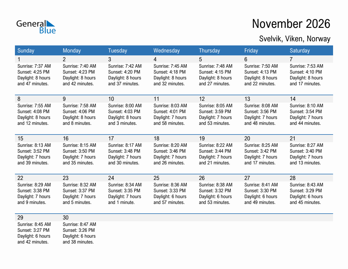 November 2026 sunrise and sunset calendar for Svelvik