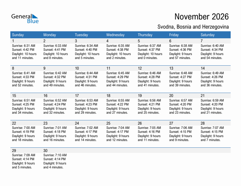 Svodna November 2026 sunrise and sunset calendar in PDF, Excel, and Word