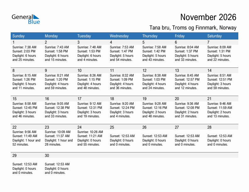 Tana bru November 2026 sunrise and sunset calendar in PDF, Excel, and Word