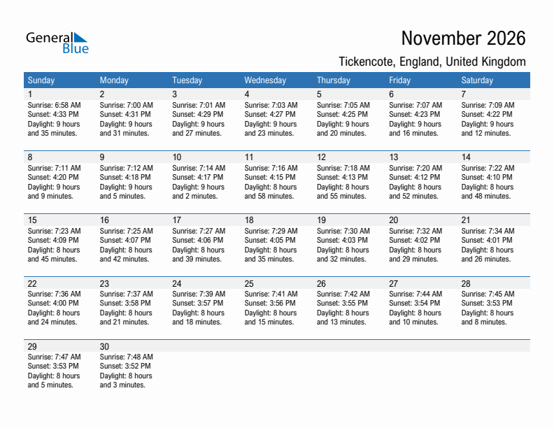 Tickencote November 2026 sunrise and sunset calendar in PDF, Excel, and Word