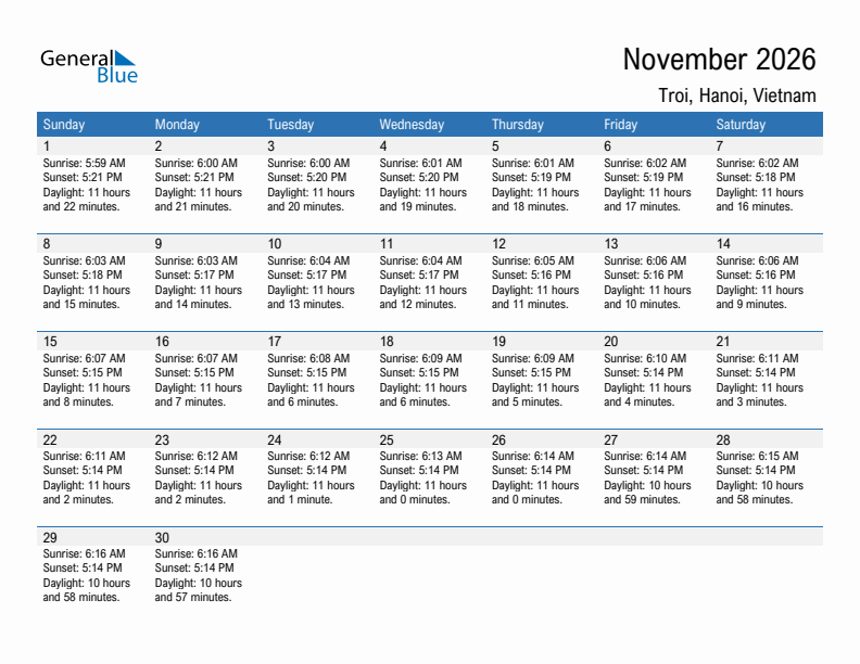 Troi November 2026 sunrise and sunset calendar in PDF, Excel, and Word