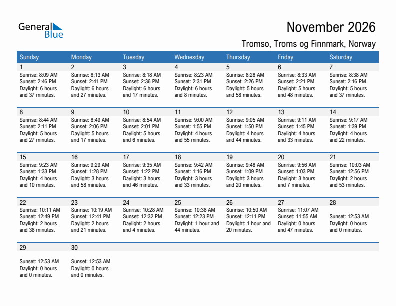 Tromso November 2026 sunrise and sunset calendar in PDF, Excel, and Word