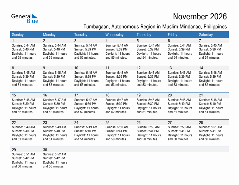 Tumbagaan November 2026 sunrise and sunset calendar in PDF, Excel, and Word