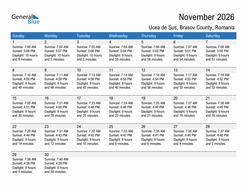 Ucea de Sus November 2026 sunrise and sunset calendar in PDF, Excel, and Word
