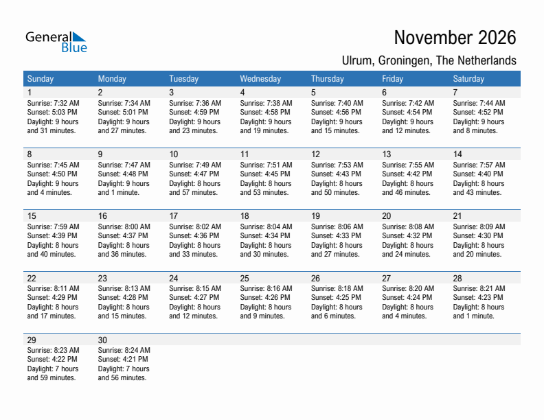 Ulrum November 2026 sunrise and sunset calendar in PDF, Excel, and Word