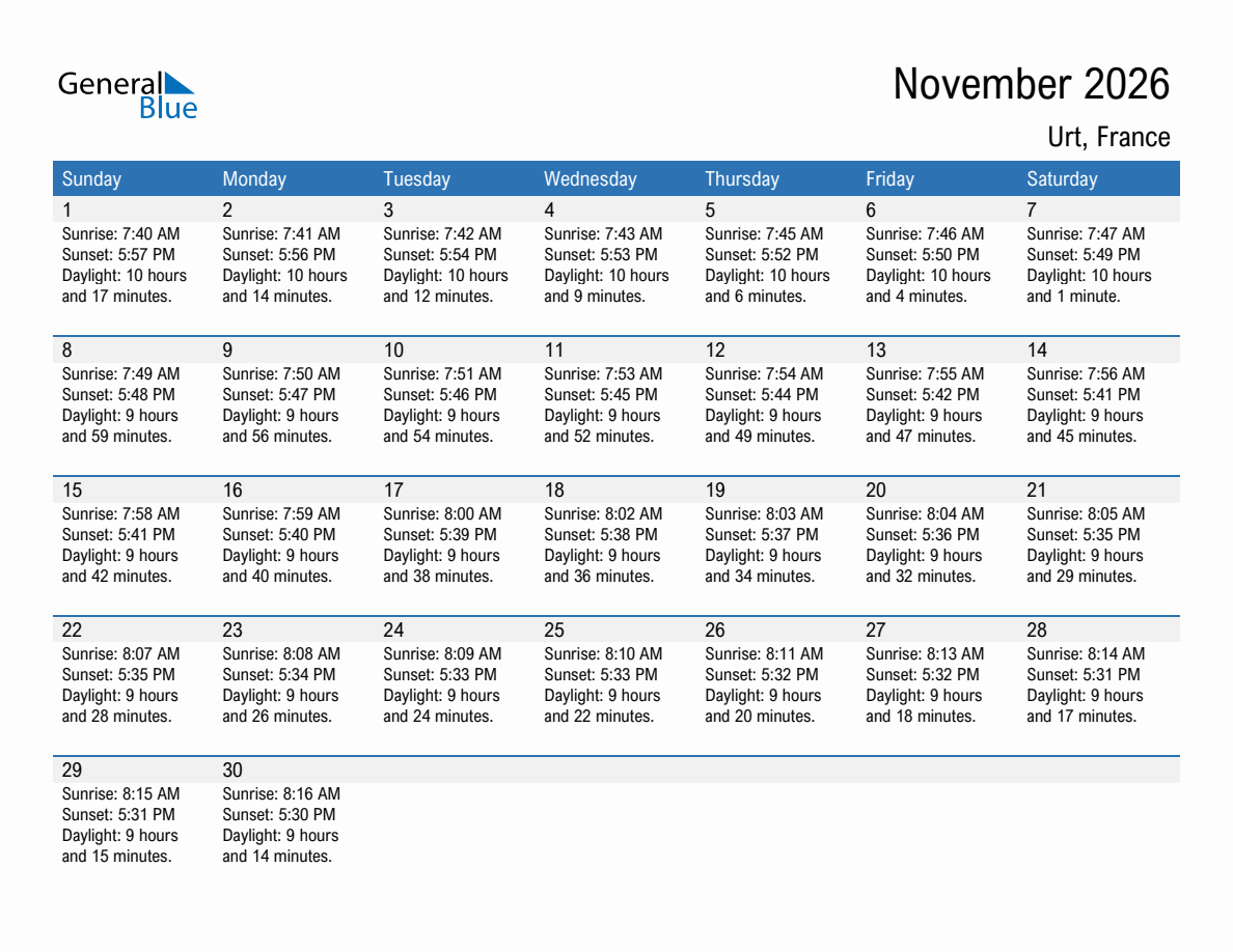 November 2026 sunrise and sunset calendar for Urt