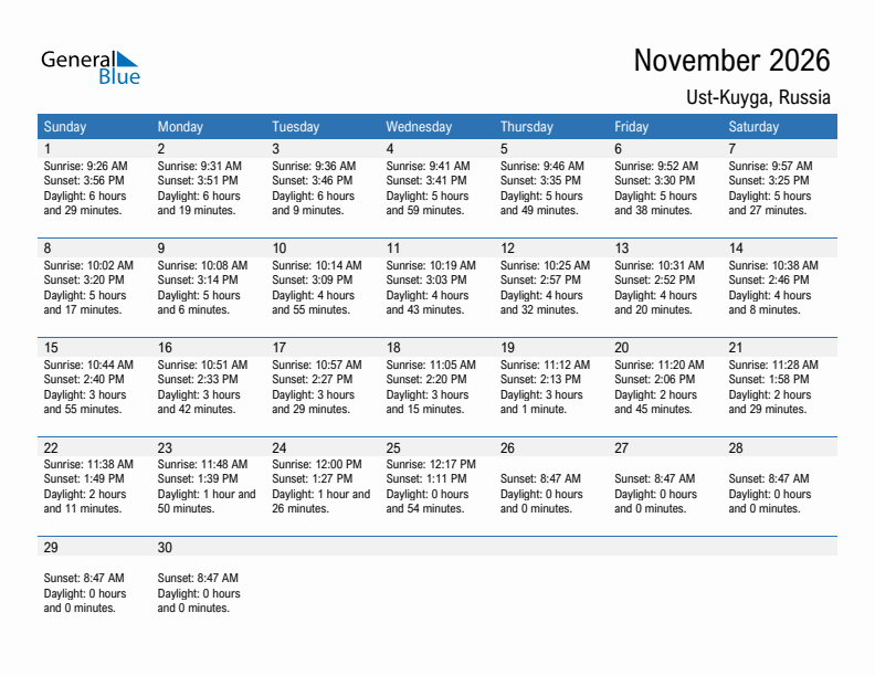Ust-Kuyga November 2026 sunrise and sunset calendar in PDF, Excel, and Word