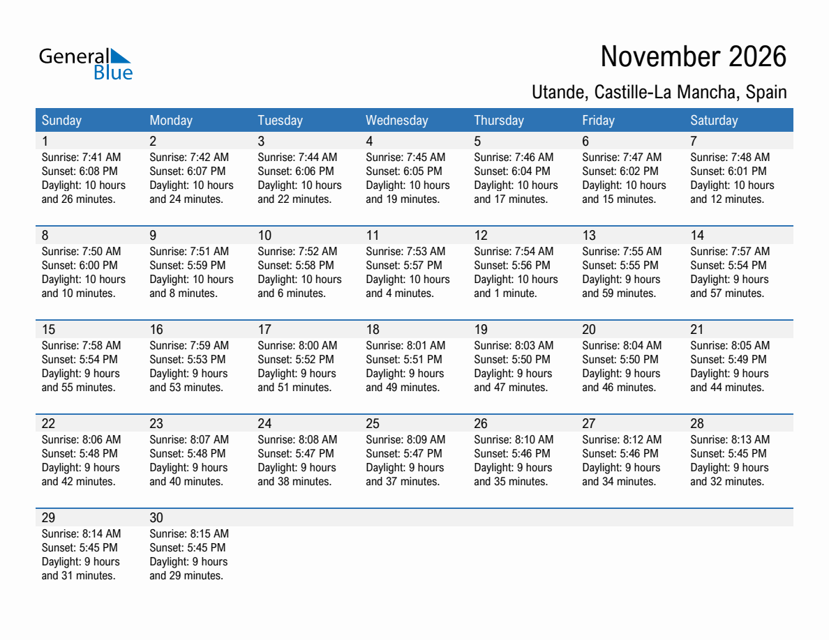 November 2026 sunrise and sunset calendar for Utande