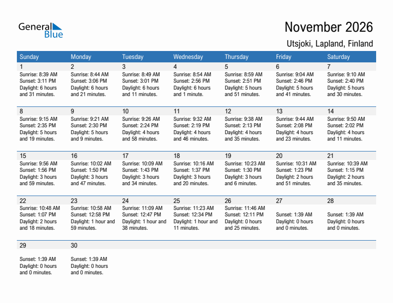 Utsjoki November 2026 sunrise and sunset calendar in PDF, Excel, and Word
