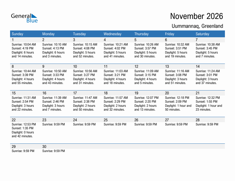 Uummannaq November 2026 sunrise and sunset calendar in PDF, Excel, and Word