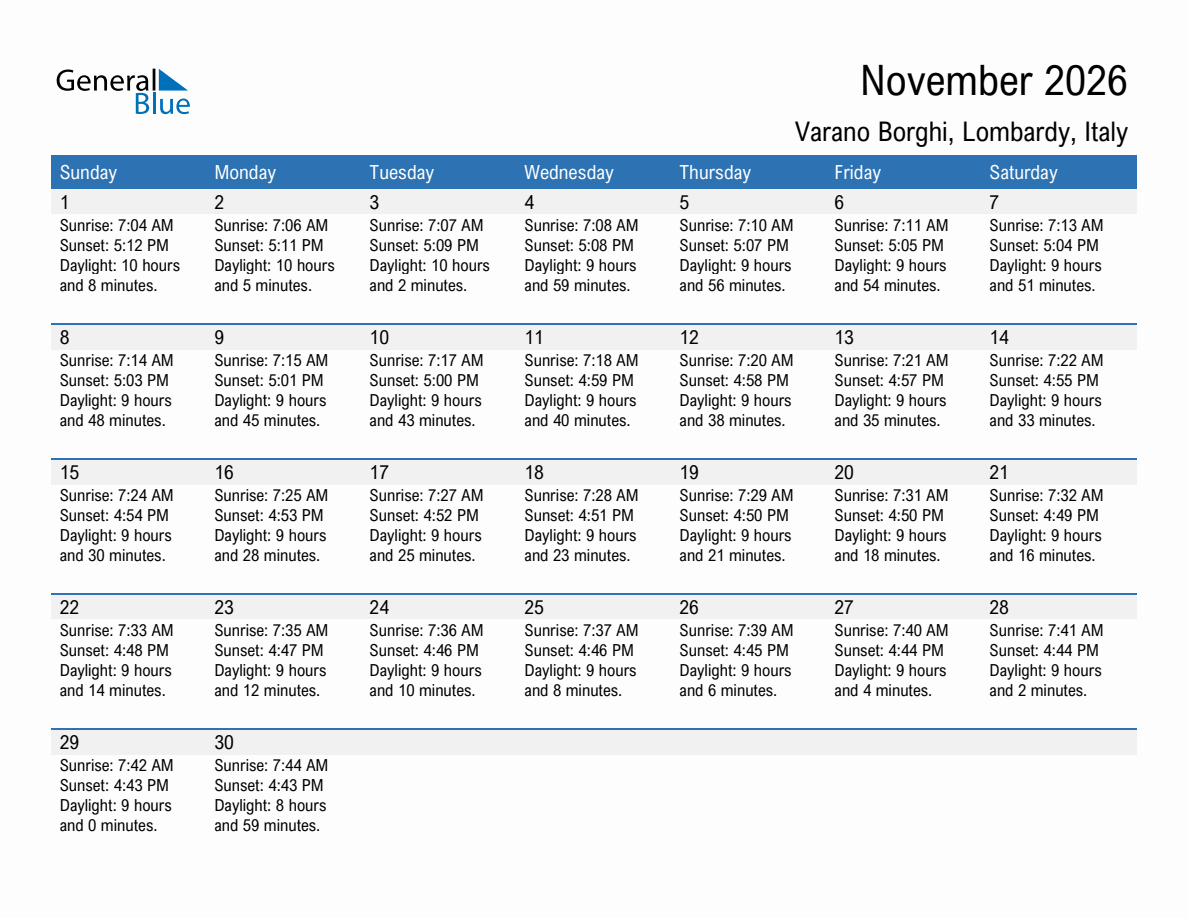 November 2026 sunrise and sunset calendar for Varano Borghi