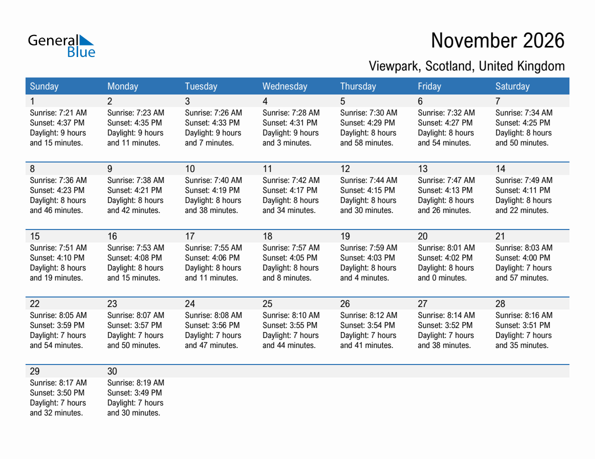 November 2026 sunrise and sunset calendar for Viewpark