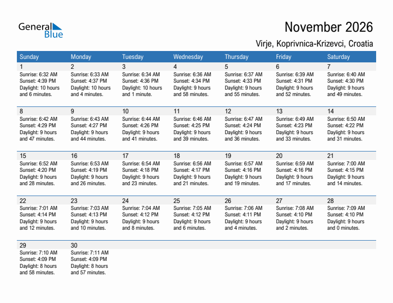 Virje November 2026 sunrise and sunset calendar in PDF, Excel, and Word