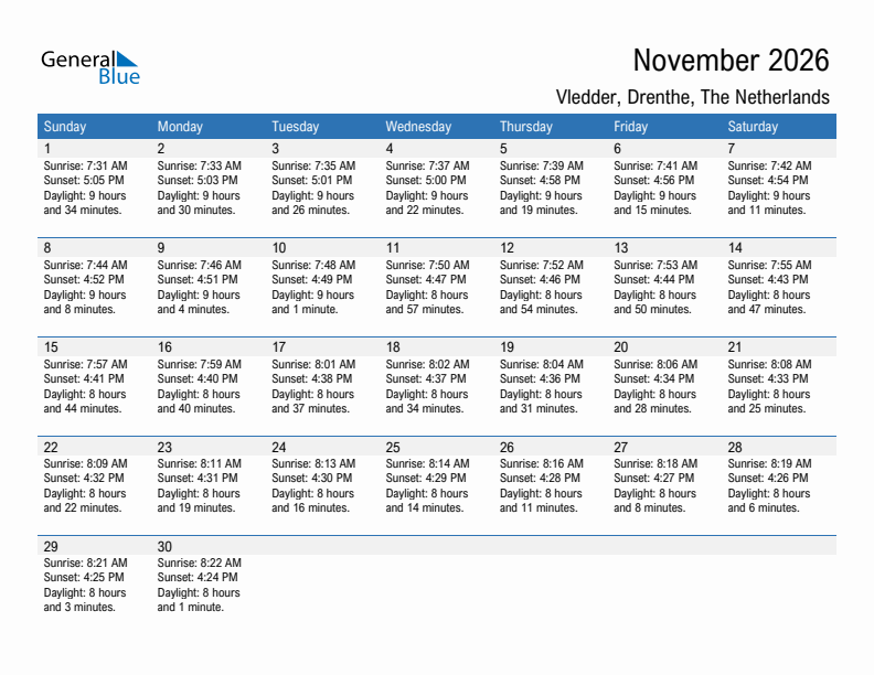 Vledder November 2026 sunrise and sunset calendar in PDF, Excel, and Word