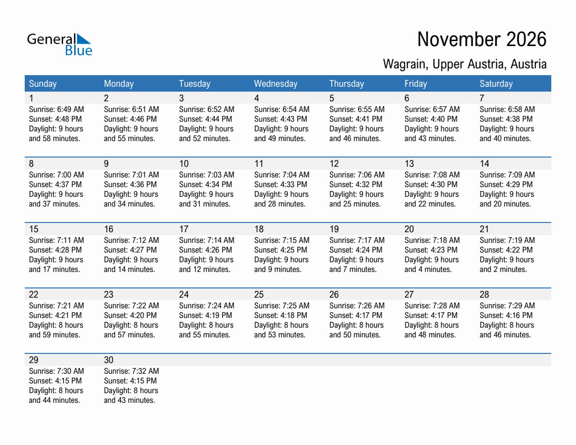 November 2026 sunrise and sunset calendar for Wagrain