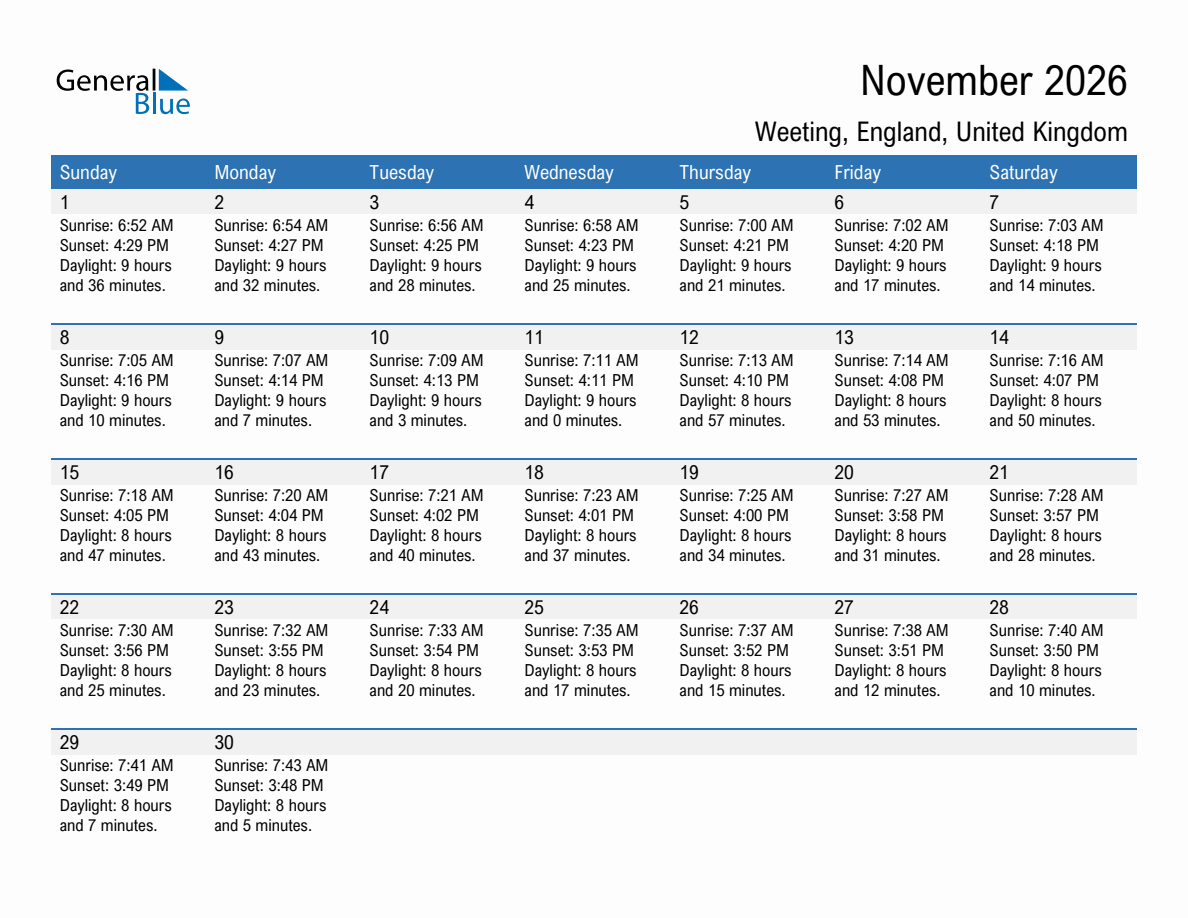 November 2026 sunrise and sunset calendar for Weeting