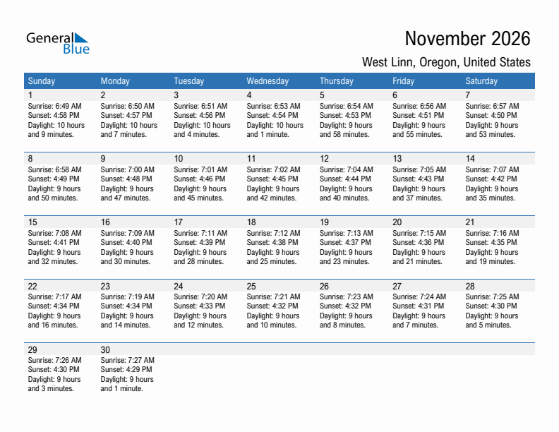 West Linn November 2026 sunrise and sunset calendar in PDF, Excel, and Word