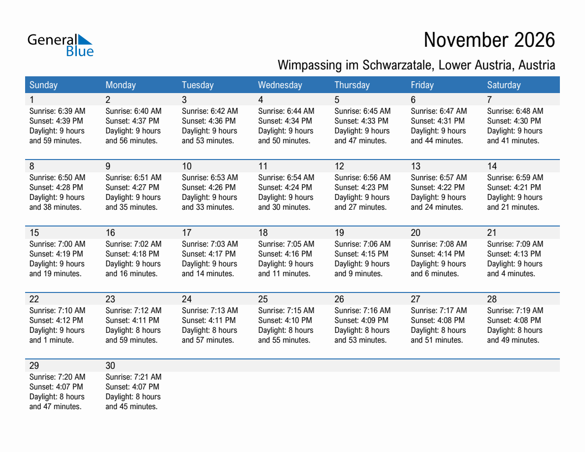 November 2026 sunrise and sunset calendar for Wimpassing im Schwarzatale