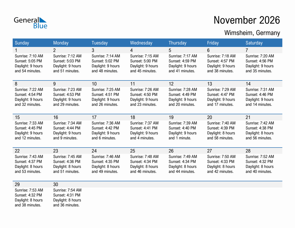 November 2026 sunrise and sunset calendar for Wimsheim