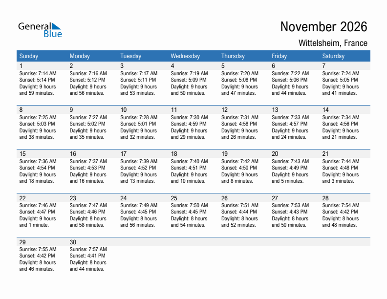 Wittelsheim November 2026 sunrise and sunset calendar in PDF, Excel, and Word