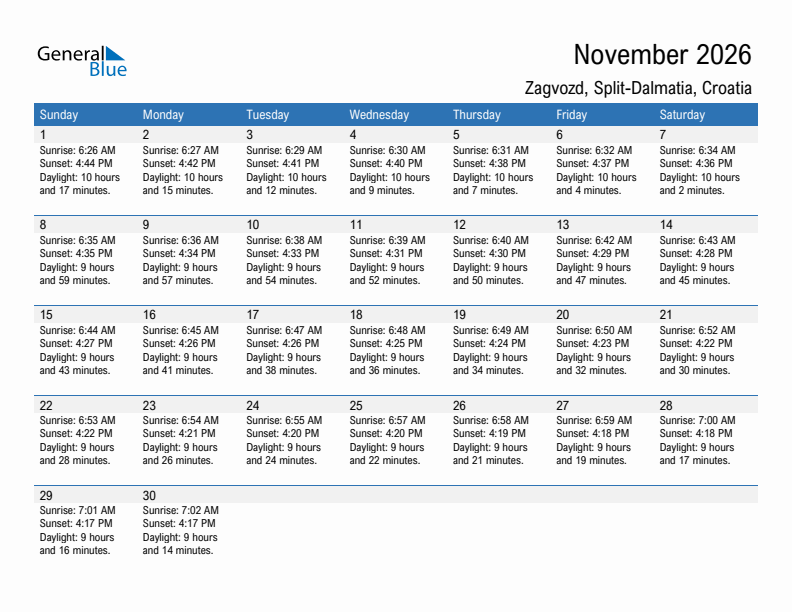 Zagvozd November 2026 sunrise and sunset calendar in PDF, Excel, and Word