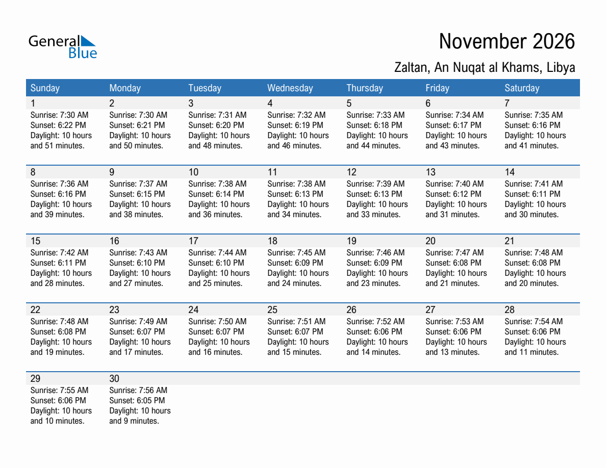 November 2026 sunrise and sunset calendar for Zaltan