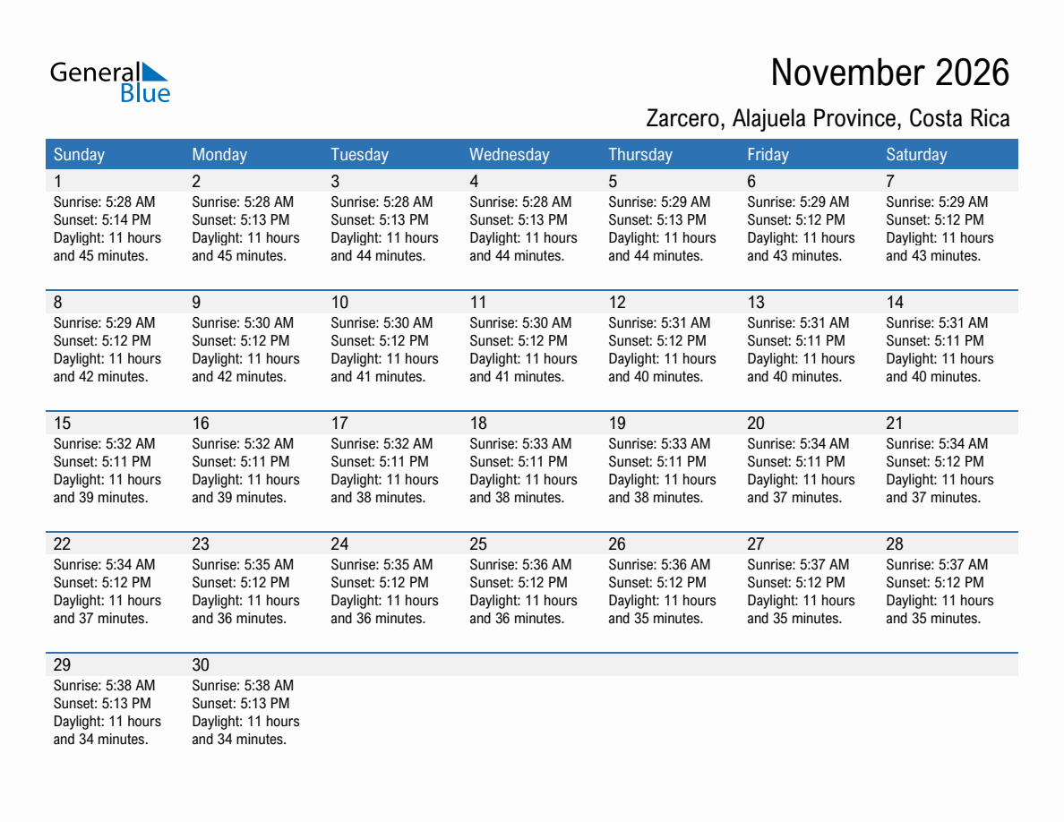 November 2026 sunrise and sunset calendar for Zarcero