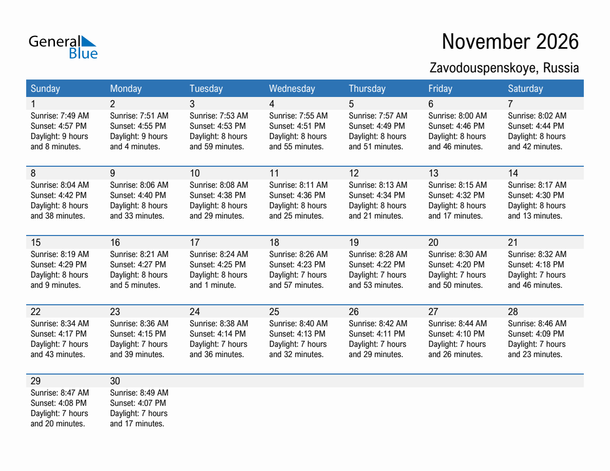 November 2026 sunrise and sunset calendar for Zavodouspenskoye