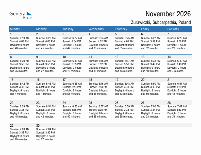 Zurawiczki November 2026 sunrise and sunset calendar in PDF, Excel, and Word