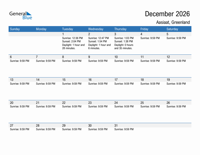 Aasiaat December 2026 sunrise and sunset calendar in PDF, Excel, and Word