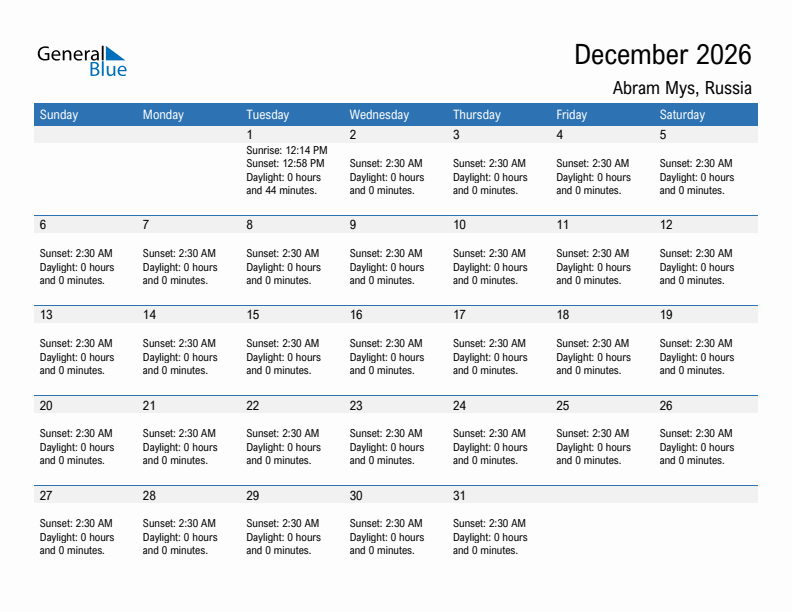 Abram Mys December 2026 sunrise and sunset calendar in PDF, Excel, and Word