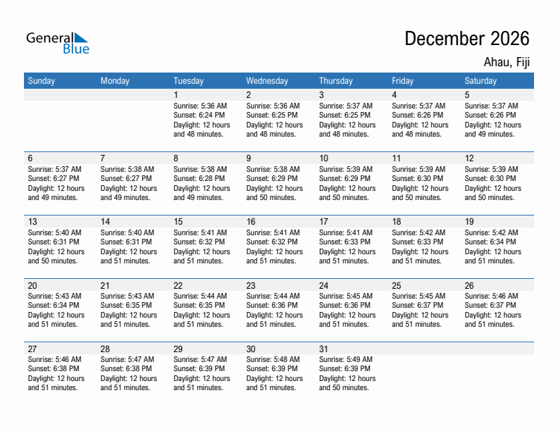Ahau December 2026 sunrise and sunset calendar in PDF, Excel, and Word
