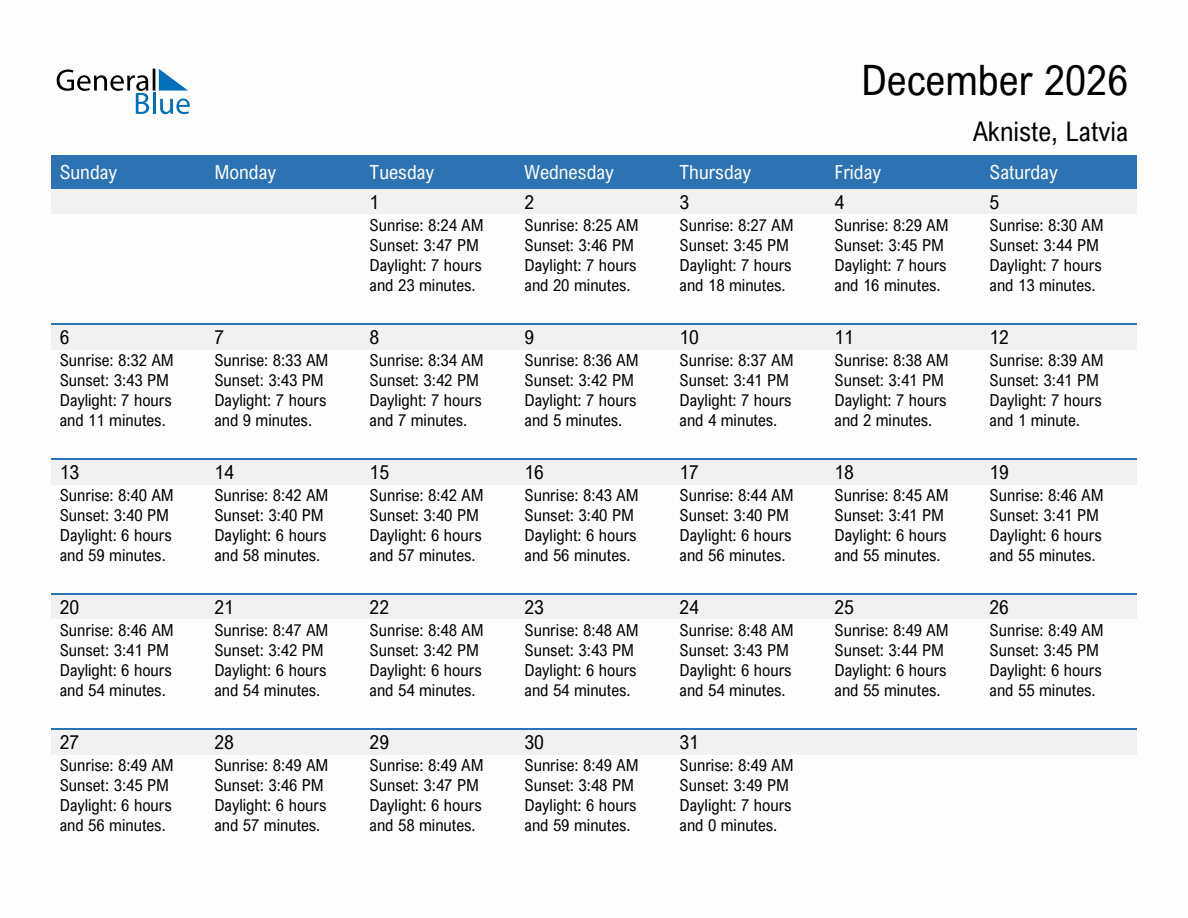 December 2026 sunrise and sunset calendar for Akniste