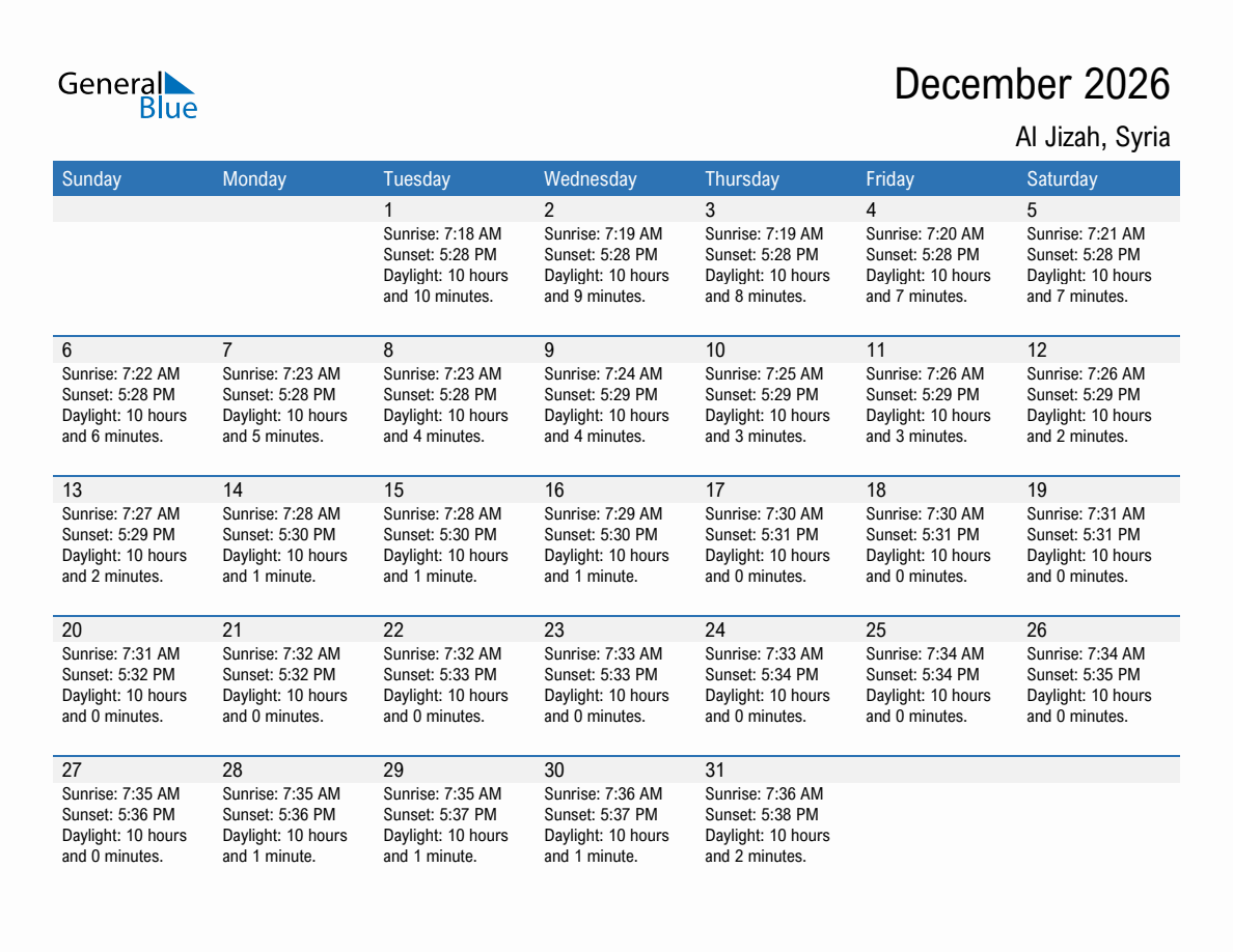 December 2026 sunrise and sunset calendar for Al Jizah
