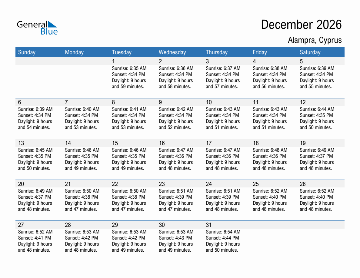 December 2026 sunrise and sunset calendar for Alampra