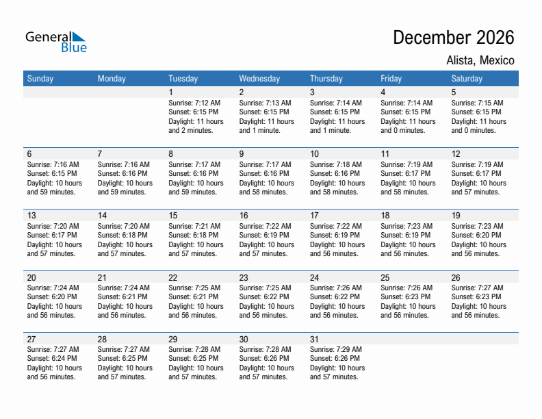 Alista December 2026 sunrise and sunset calendar in PDF, Excel, and Word