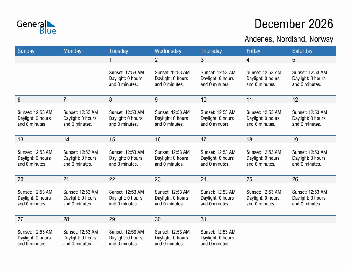 December 2026 sunrise and sunset calendar for Andenes