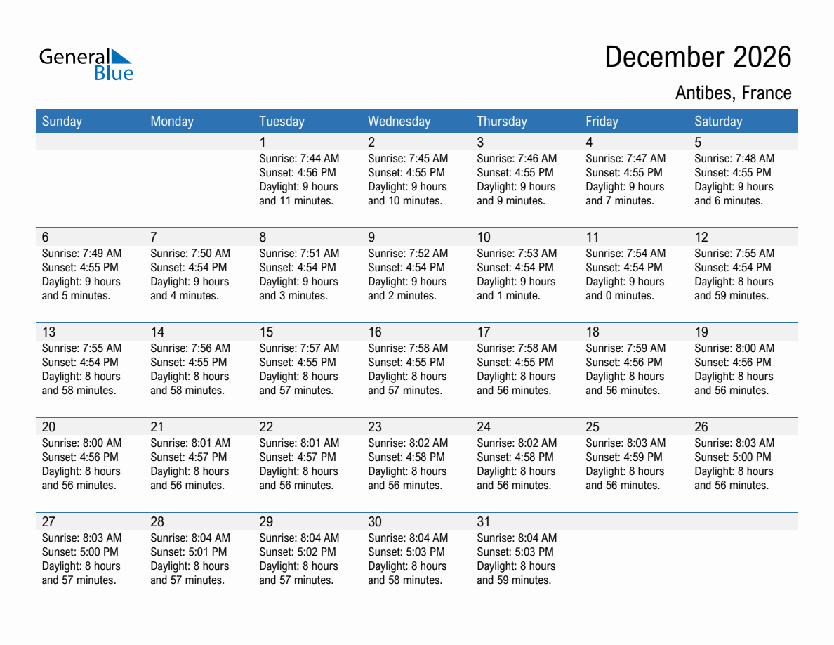 December 2026 sunrise and sunset calendar for Antibes