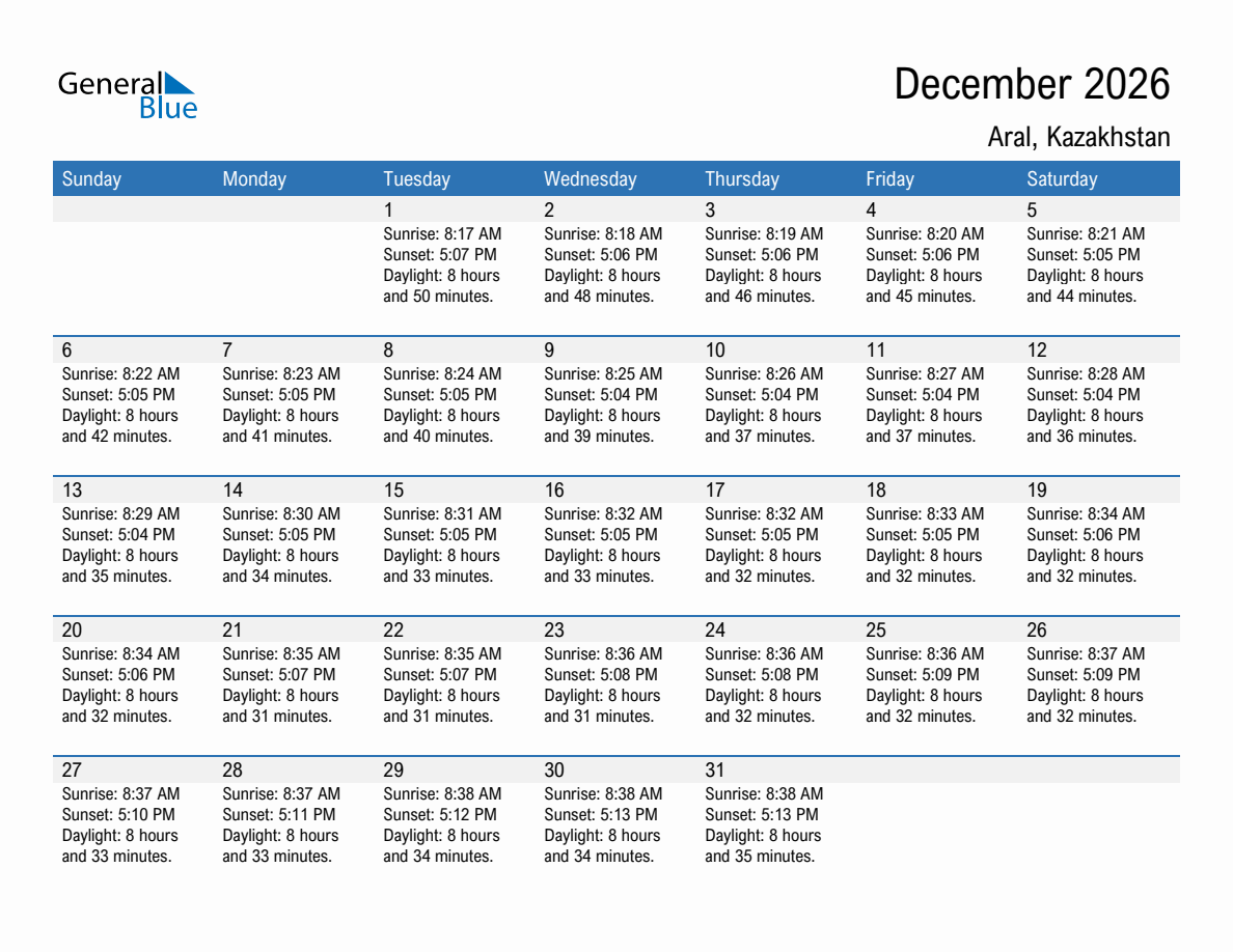 December 2026 sunrise and sunset calendar for Aral