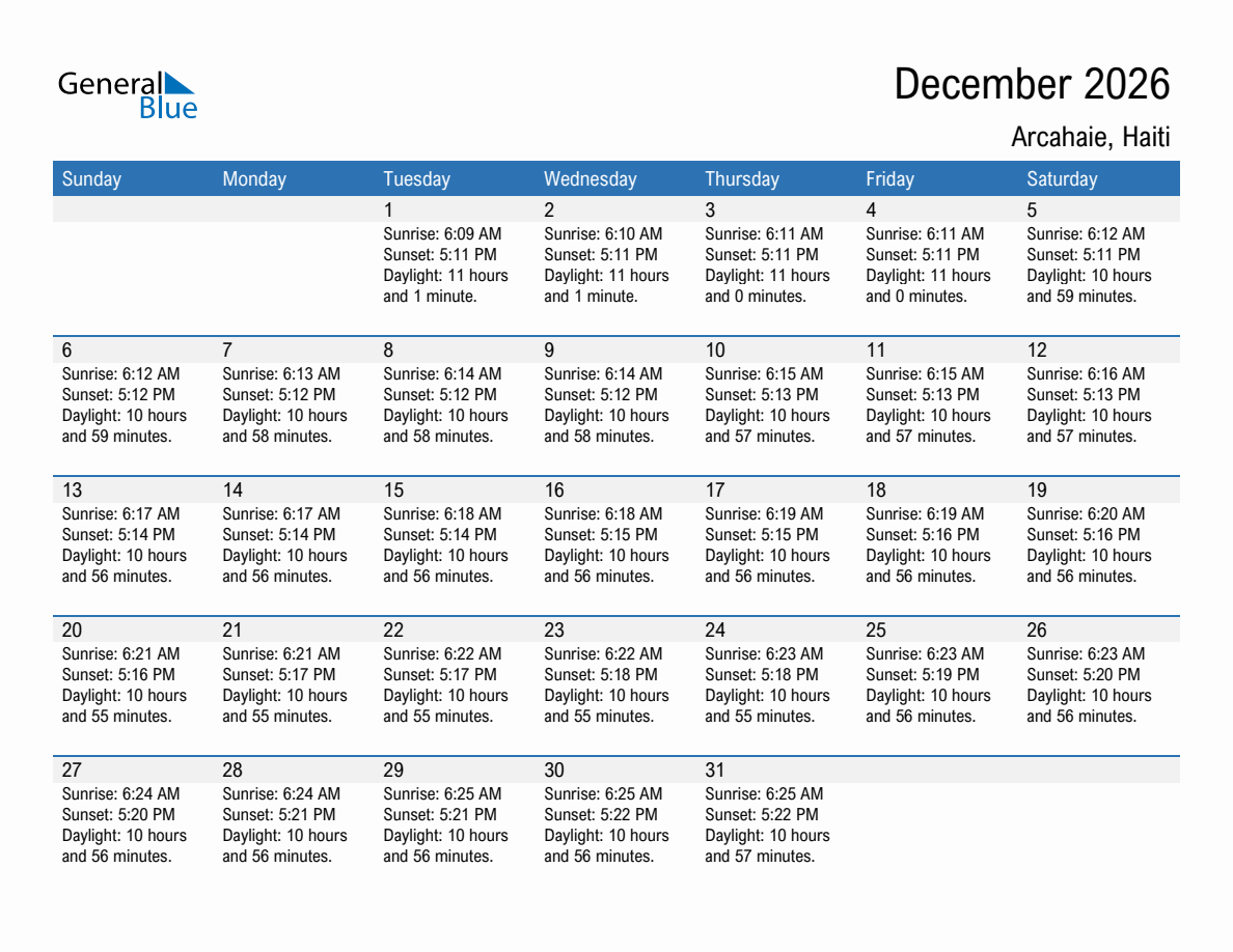 December 2026 sunrise and sunset calendar for Arcahaie