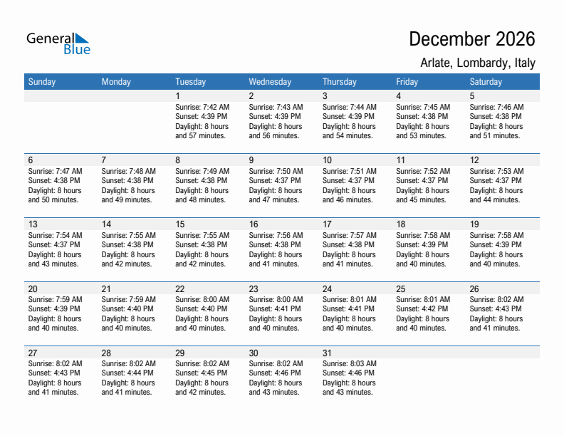 Arlate December 2026 sunrise and sunset calendar in PDF, Excel, and Word