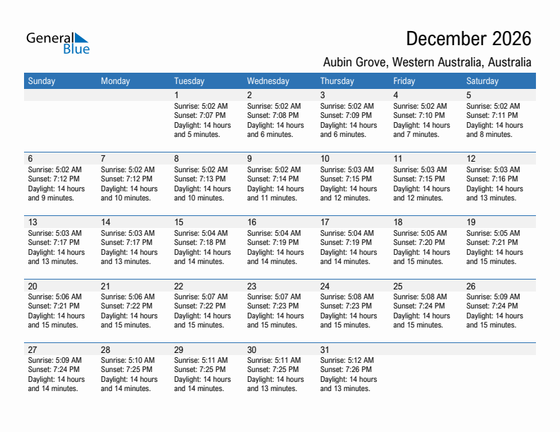 Aubin Grove December 2026 sunrise and sunset calendar in PDF, Excel, and Word