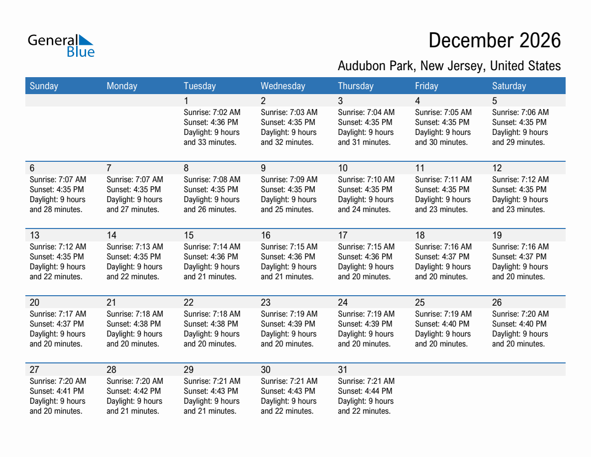 December 2026 sunrise and sunset calendar for Audubon Park