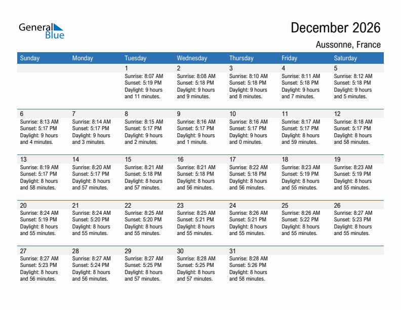 Aussonne December 2026 sunrise and sunset calendar in PDF, Excel, and Word