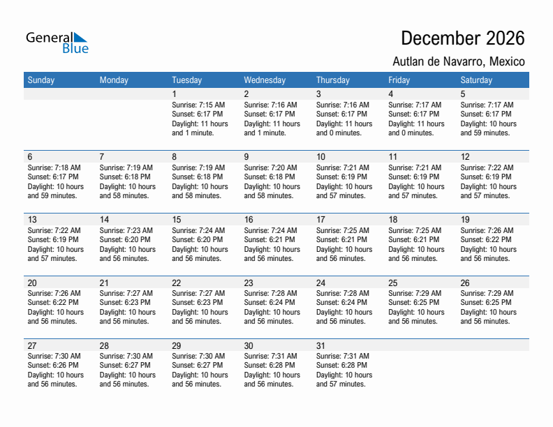 Autlan de Navarro December 2026 sunrise and sunset calendar in PDF, Excel, and Word