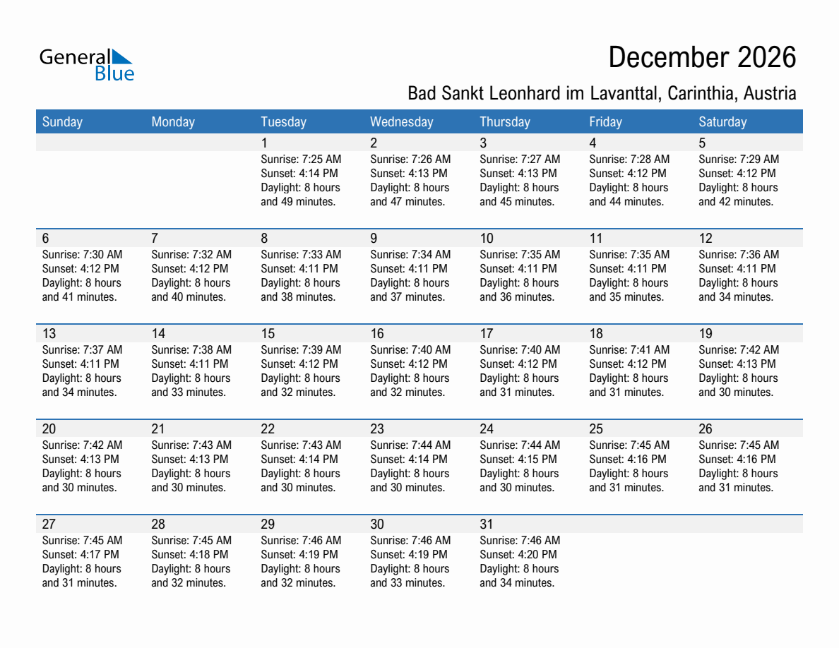 December 2026 sunrise and sunset calendar for Bad Sankt Leonhard im Lavanttal